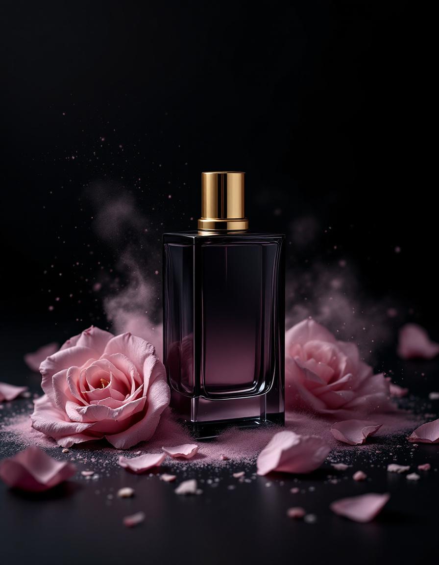 No.1 Powder & Petal — dark glass bottle surrounded by pink roses and powdery mist