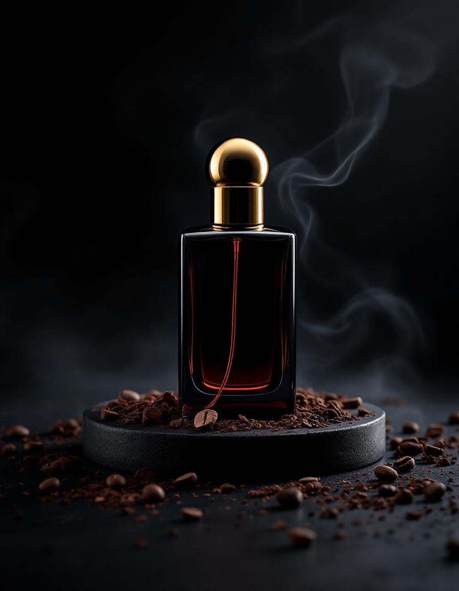 No.3 Ember & Velvet — dark glass bottle with coffee beans, chocolate and smoke