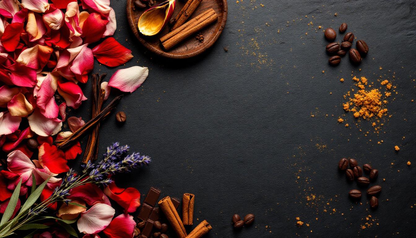 Rose petals, vanilla, coffee beans, cinnamon — our ingredients