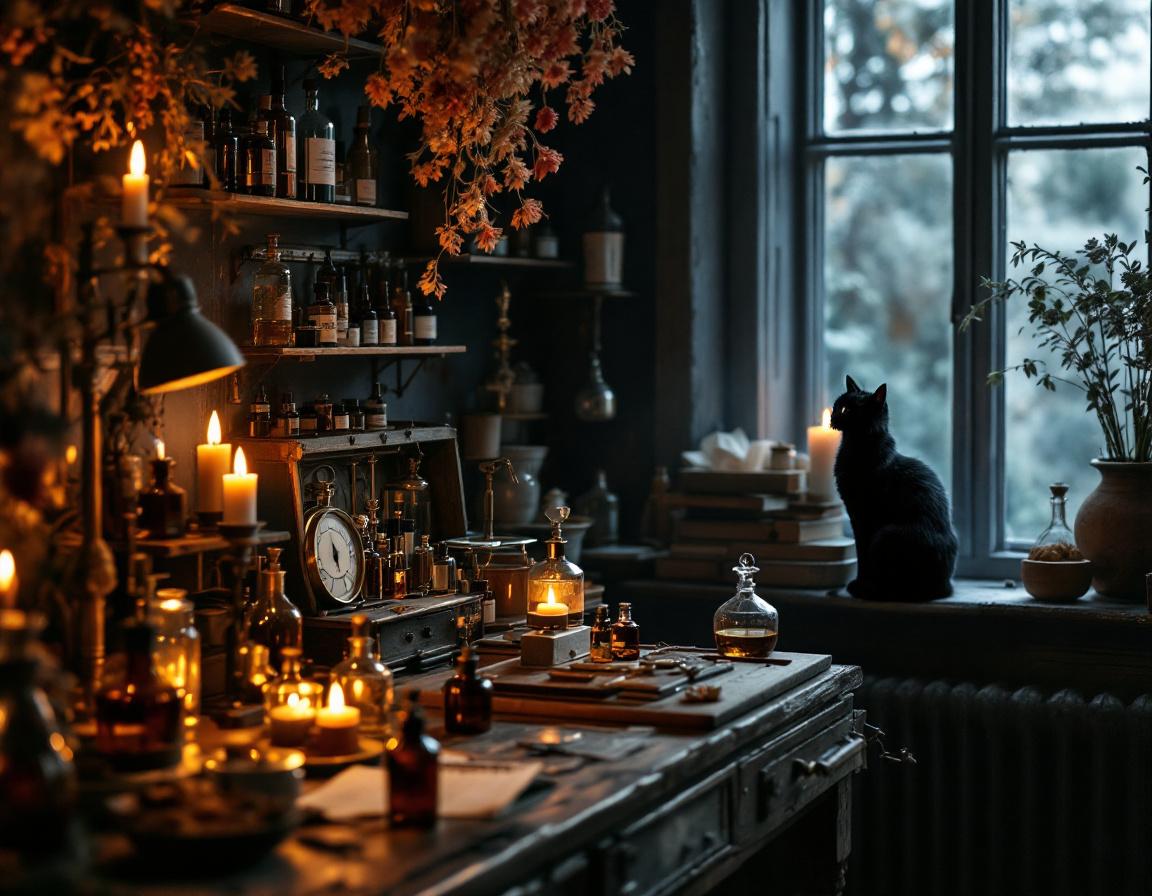 The Jam & Bottle studio — apothecary desk, amber bottles, candles, and Moo the studio cat on the windowsill